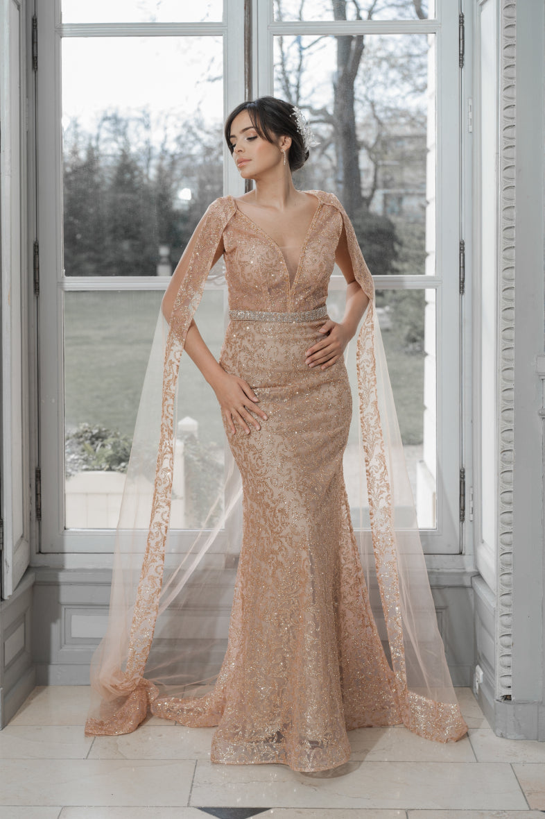 Long evening dress with Attachable Cape