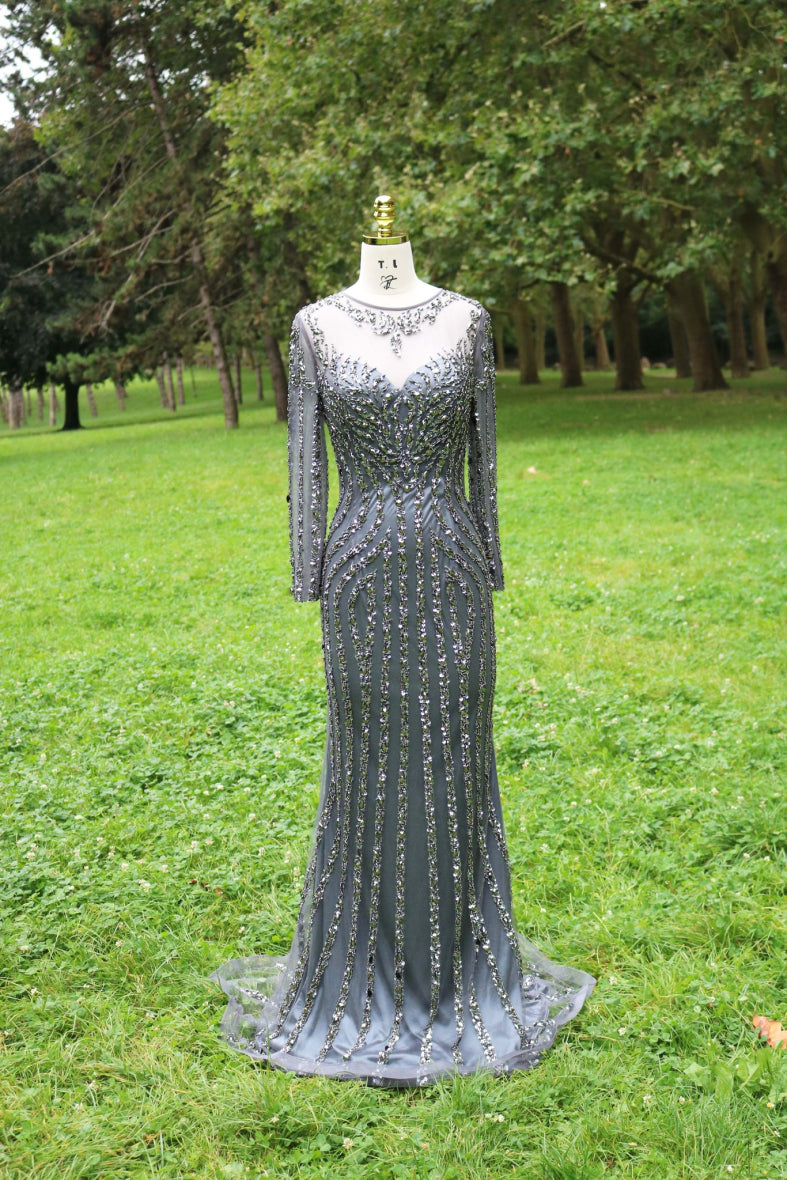 Charcoal Grey long sleeve hand beaded dress