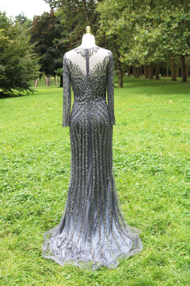 Charcoal Grey long sleeve hand beaded dress